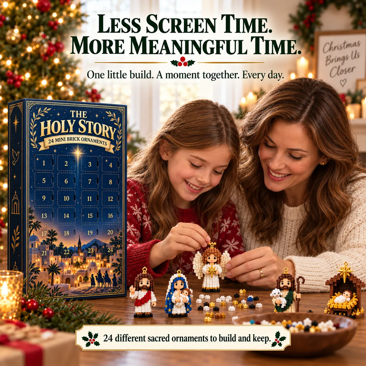 A parent and child assembling a star-holding angel ornament at a table with the Holy Story Advent calendar