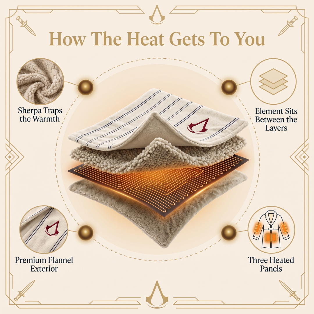Product material illustration showing a flannel exterior, Sherpa lining and heating elements between layers