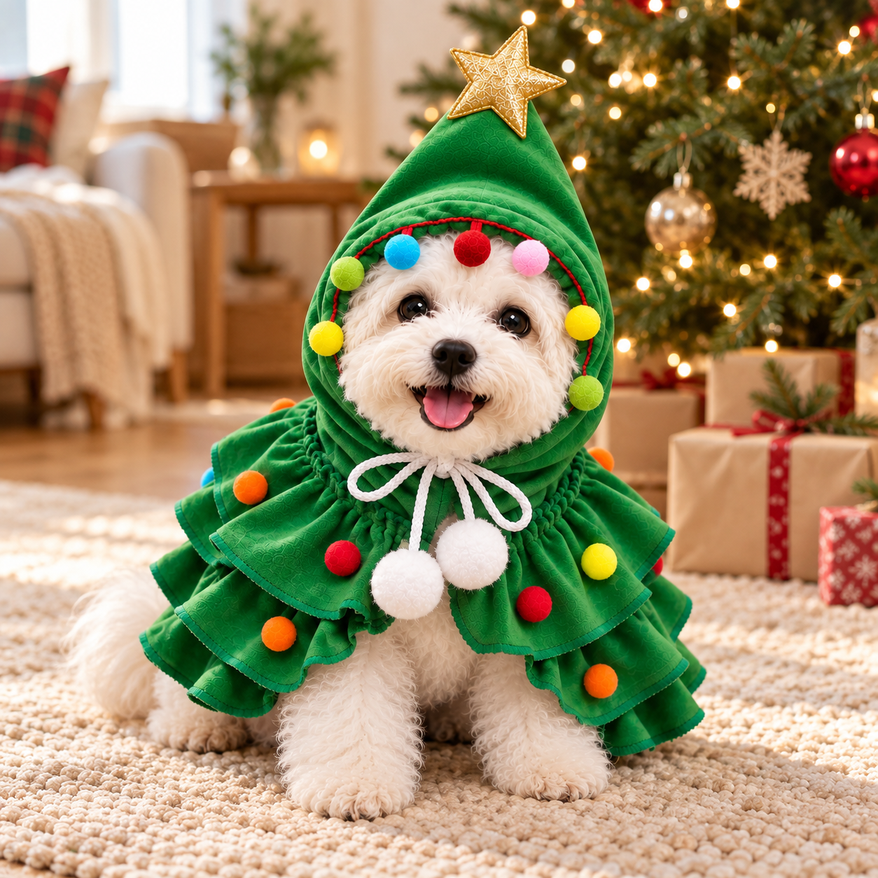 Small white dog wearing the green Christmas tree costume beside a decorated tree