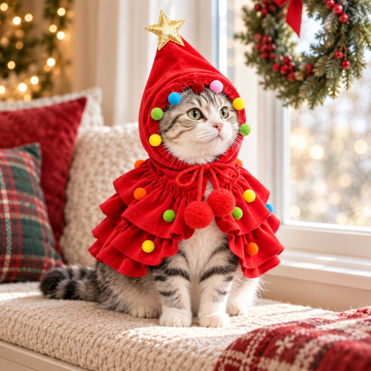 Tabby cat wearing the red Christmas tree costume on a cosy window seat