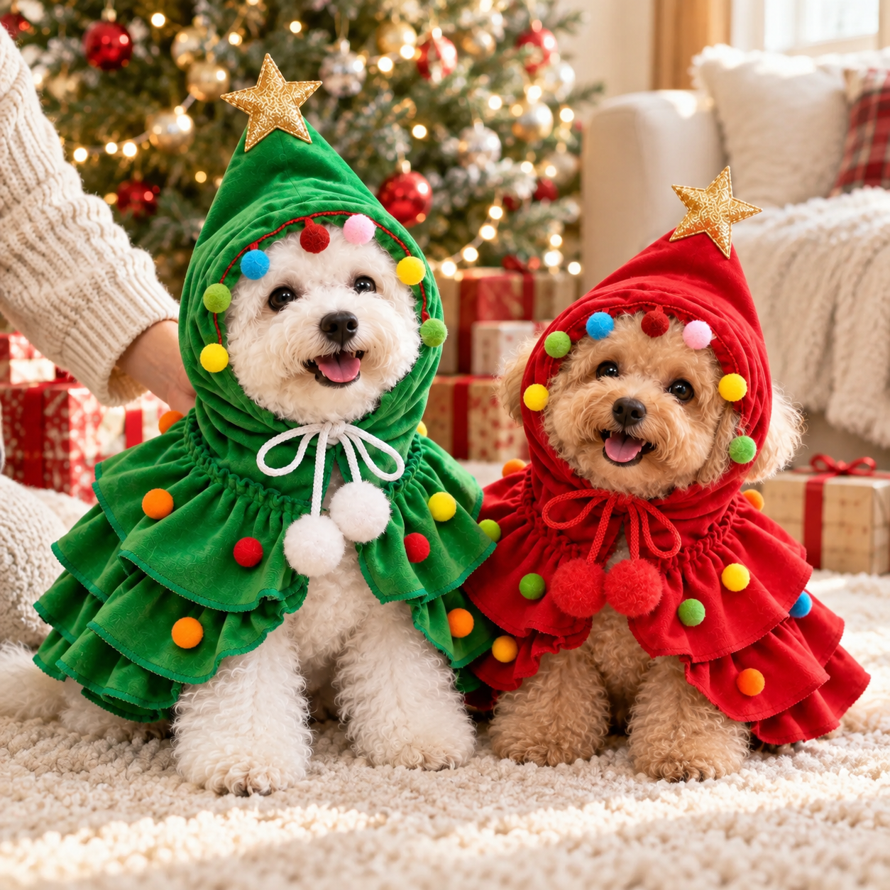 Two small dogs wearing green and red Christmas tree capes together
