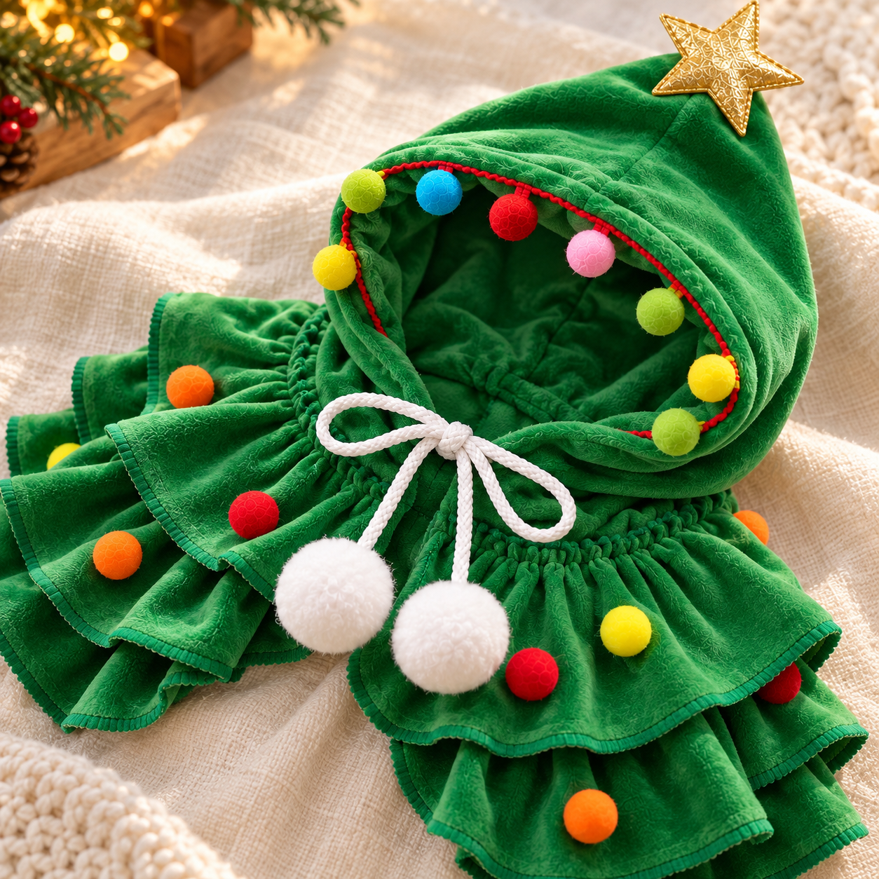 Close-up of the green velour cape, stitched ruffles, colourful pom-poms and white tie bow