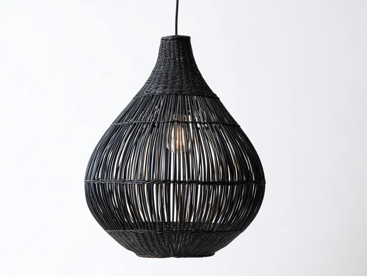 Kronleuchter 62×62×48 cm Rattangeflecht Schwarz - flache Korbform für überdachte Außenbereiche-Doliniahouse
