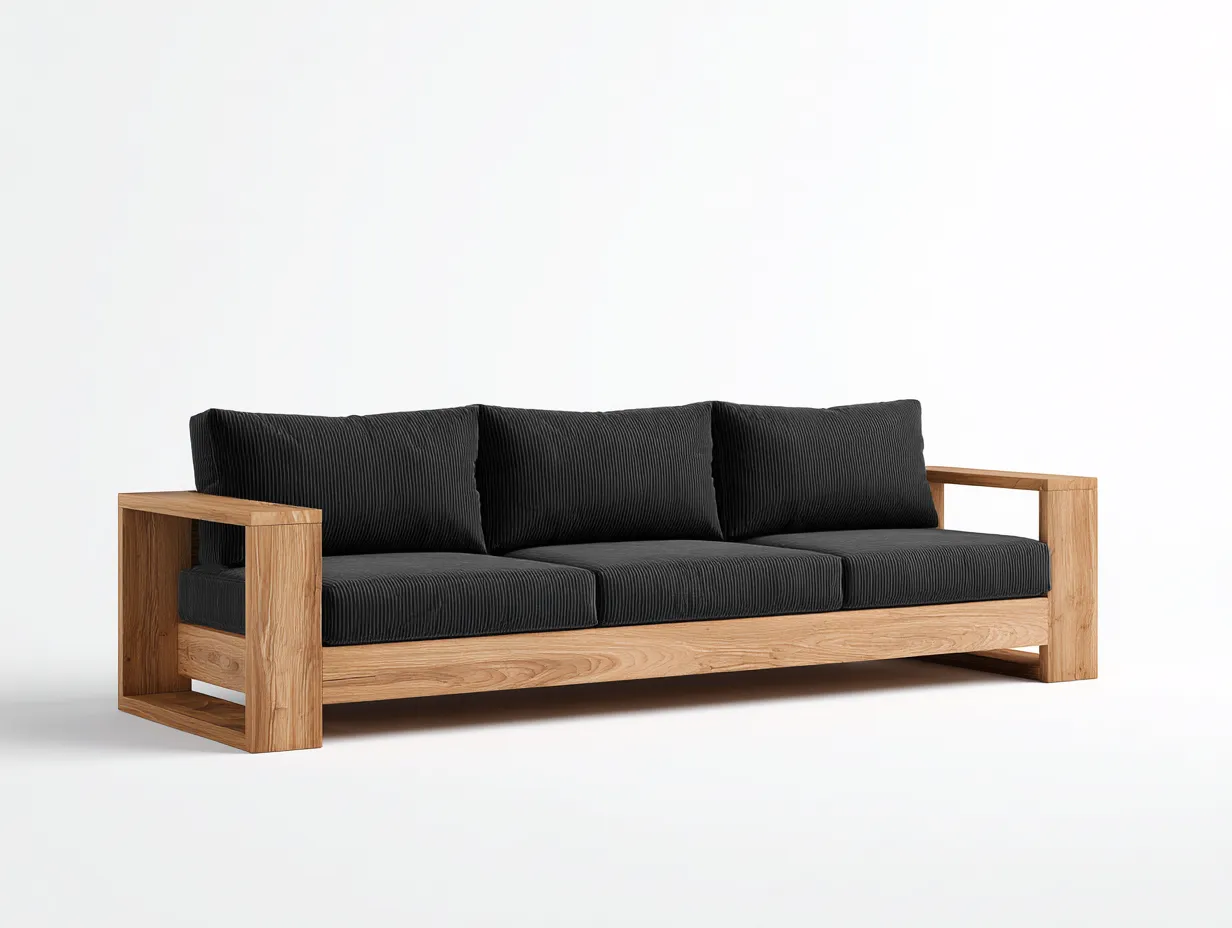 Wohnzimmer Sofa Massivholz und Strukturstoff 210×82×76 cm Eiche/Schwarz – markanter 3-Sitzer mit klaren Seitenrahmen-Doliniahouse