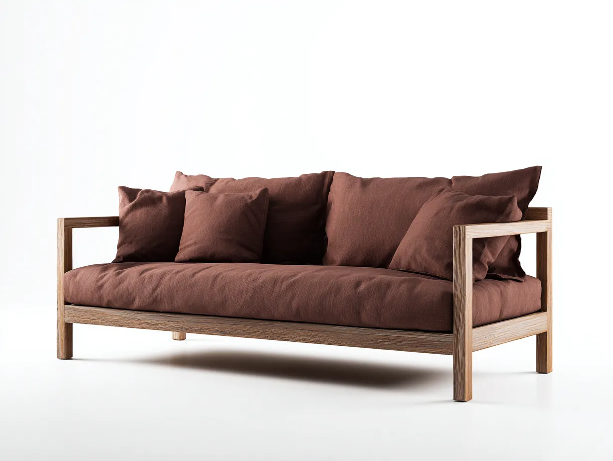 Sofa 215×90×80 cm Holz Stoff Braun Natur - 3 Sitzer offener Rahmen zeitloses Design-Doliniahouse