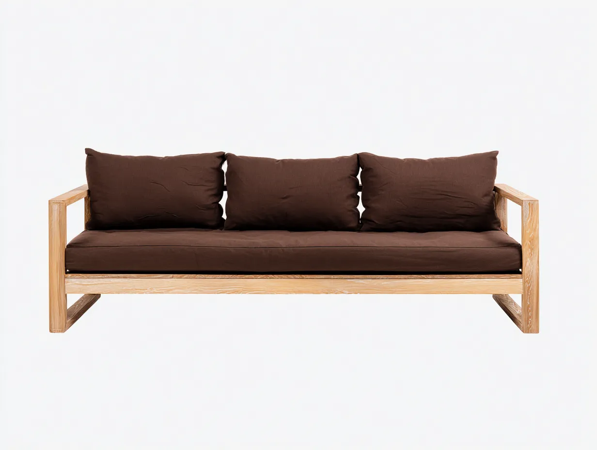 Wohnzimmer Sofa 208x86x76 cm Dunkelbraun Stoff Natur Holz - offener moderner Rahmen-Doliniahouse