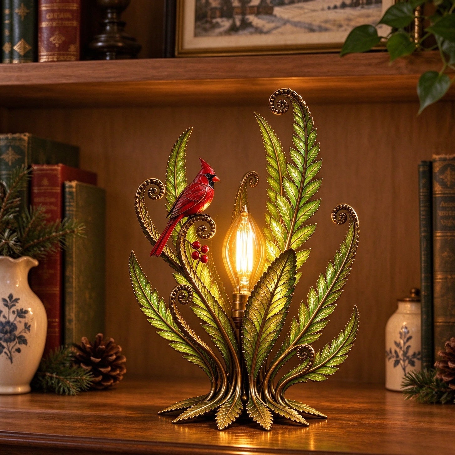 ❤  Last Day 70% OFF✨-🐦Cardinal Garden Glow Lamp for Vintage Bird & Botanical Home Decor 🌿
