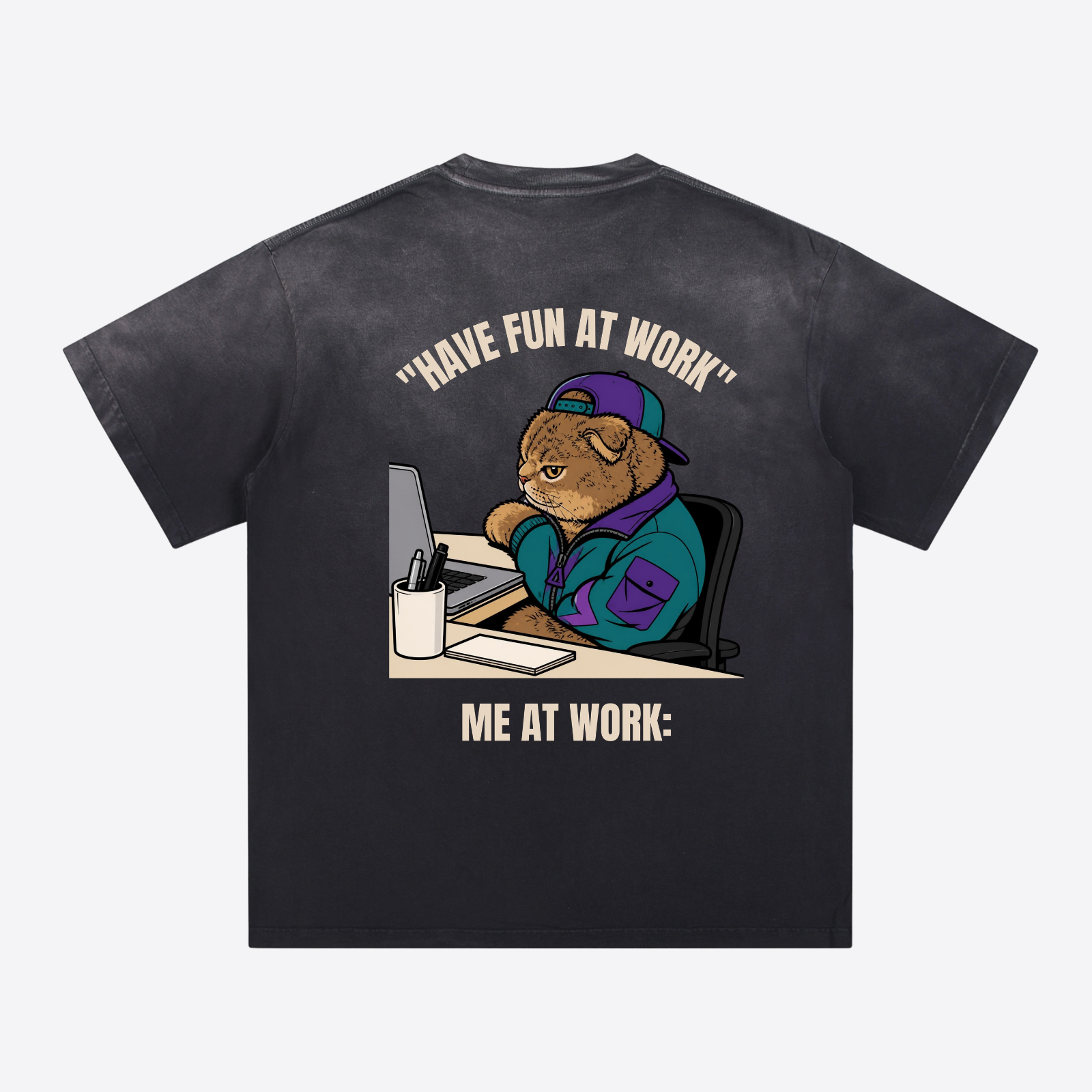 "Have Fun At Work" Retro Anime Cat Heavyweight Tee - Washed Black