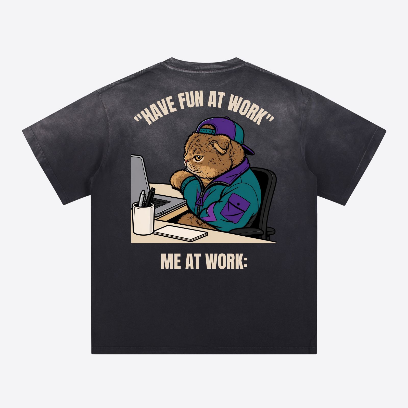 "Have Fun At Work" Retro Anime Cat Heavyweight Tee - Washed Black