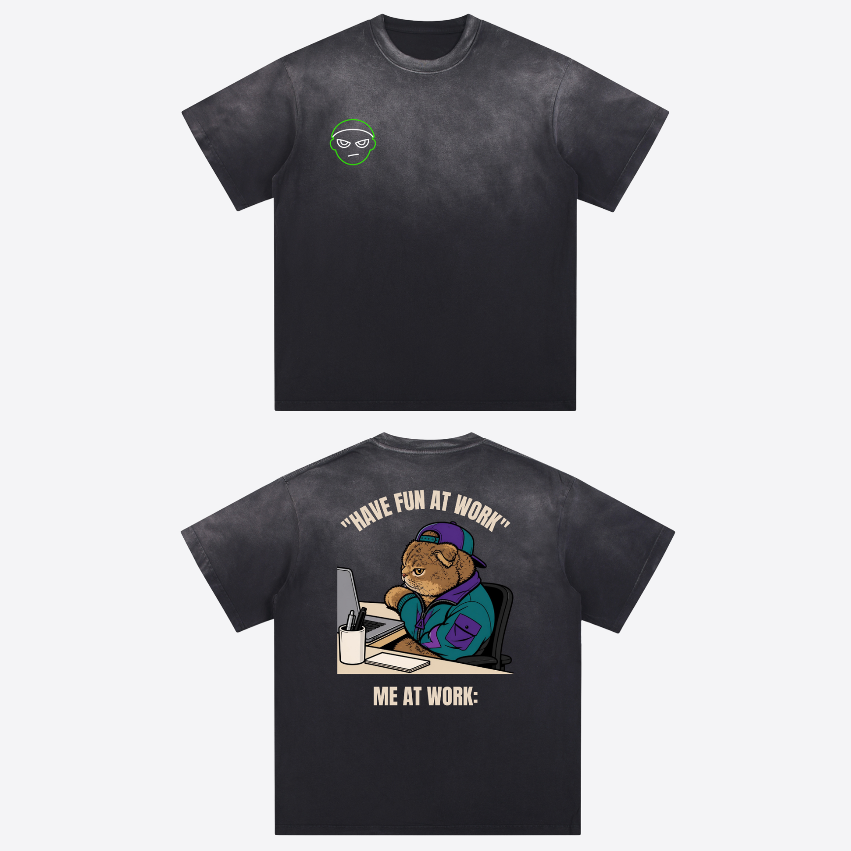 "Have Fun At Work" Retro Anime Cat Heavyweight Tee - Washed Black