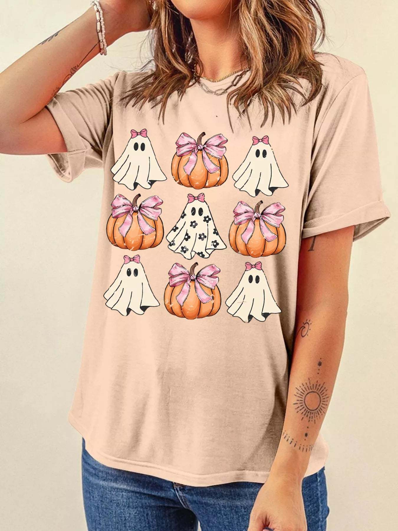 Bow Ghost and Pumpkin Halloween Graphic T-Shirt