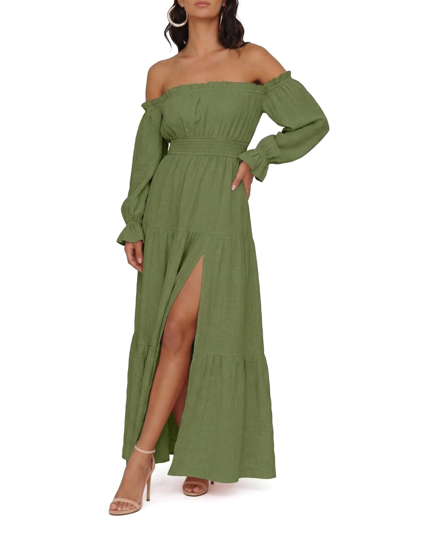 Oulesis Women's Off Shoulder Maxi Dress, Long Sleeve Tiered A-Line Dress with Side Slit