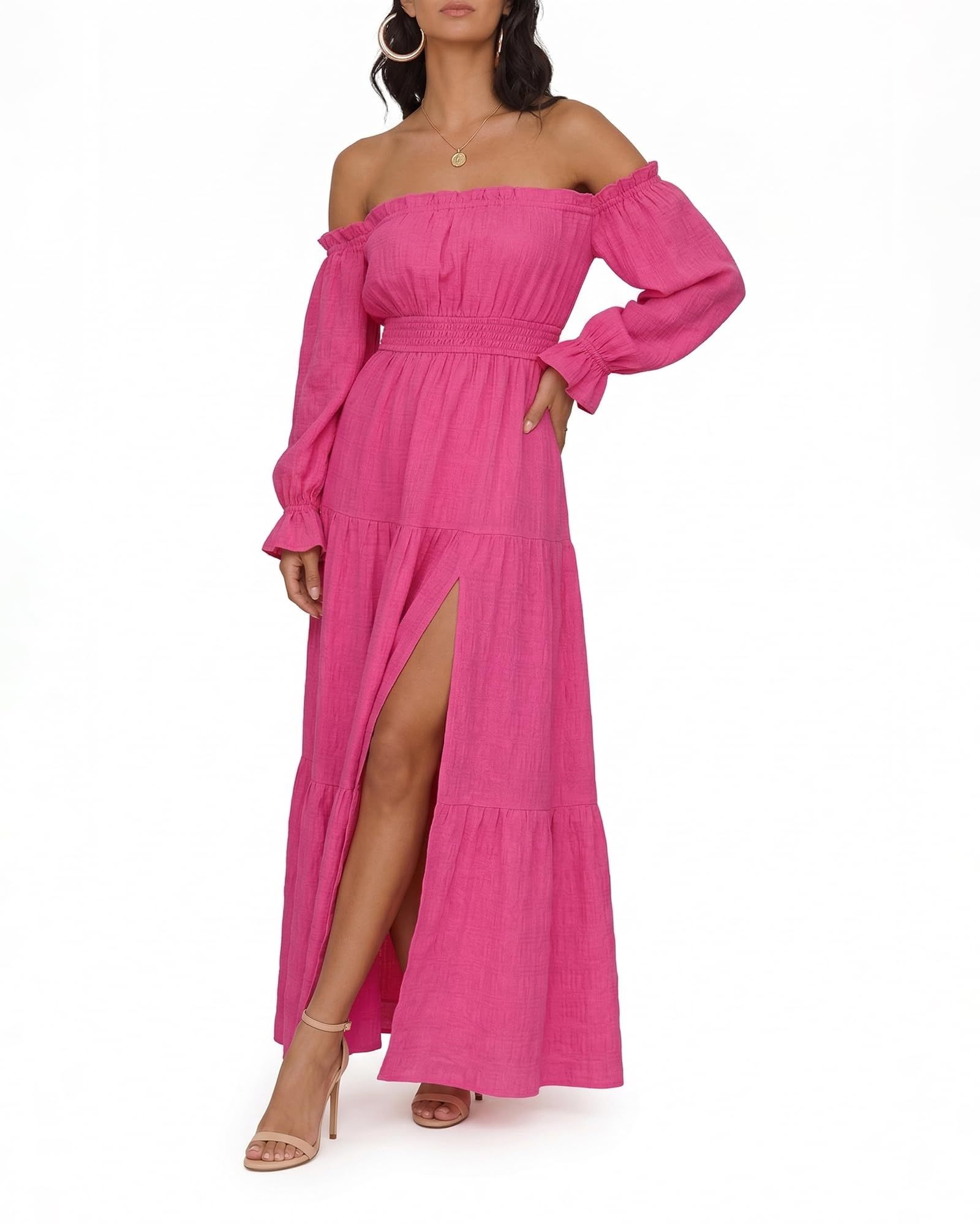Oulesis Women's Off Shoulder Maxi Dress, Long Sleeve Tiered A-Line Dress with Side Slit