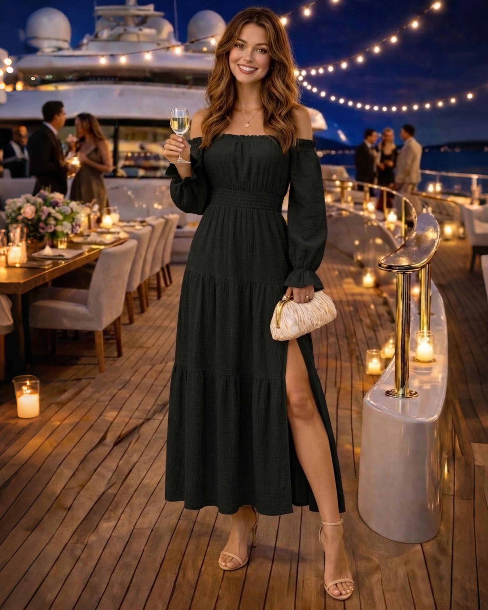 Oulesis Women's Off Shoulder Maxi Dress, Long Sleeve Tiered A-Line Dress with Side Slit