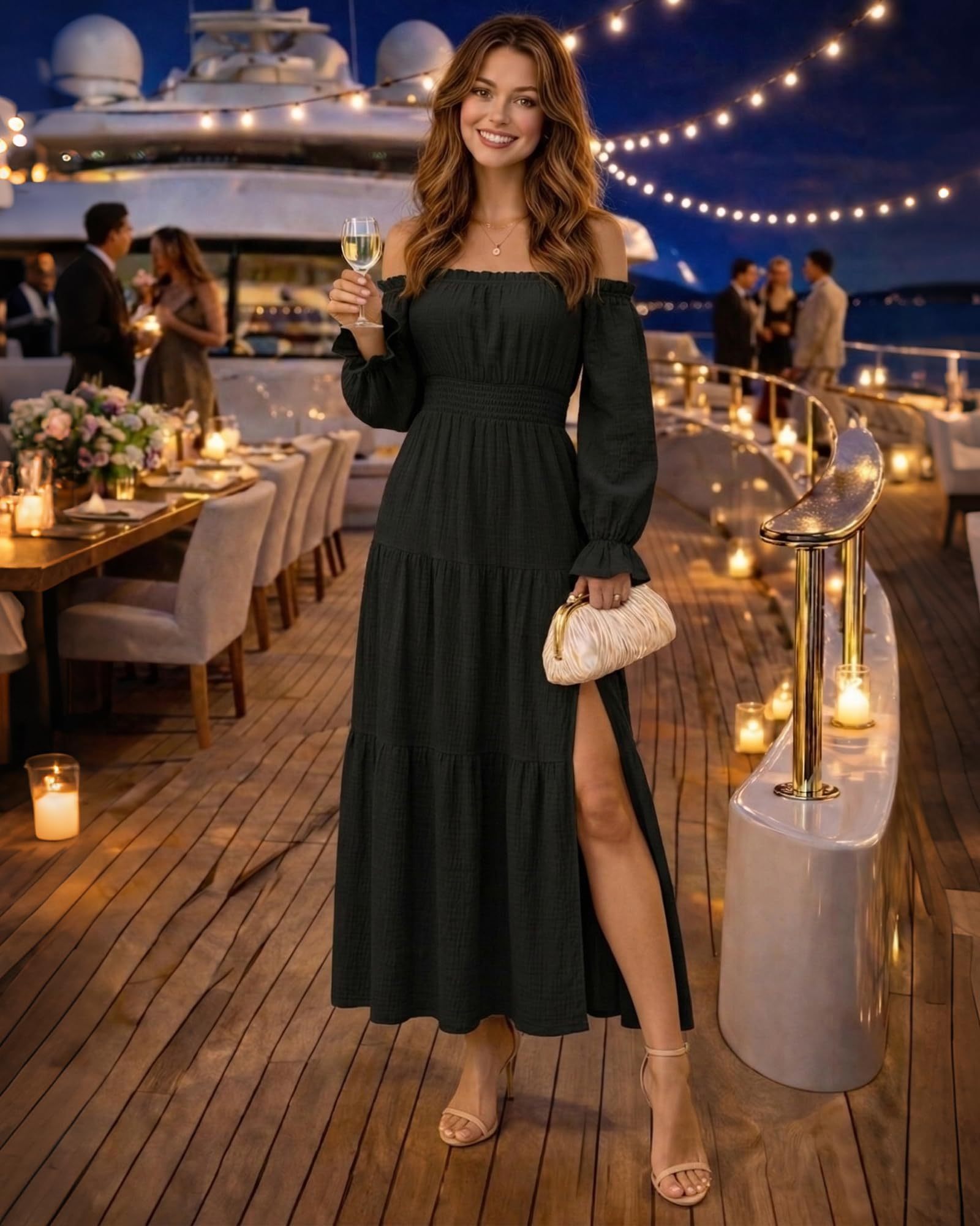 Oulesis Women's Off Shoulder Maxi Dress, Long Sleeve Tiered A-Line Dress with Side Slit