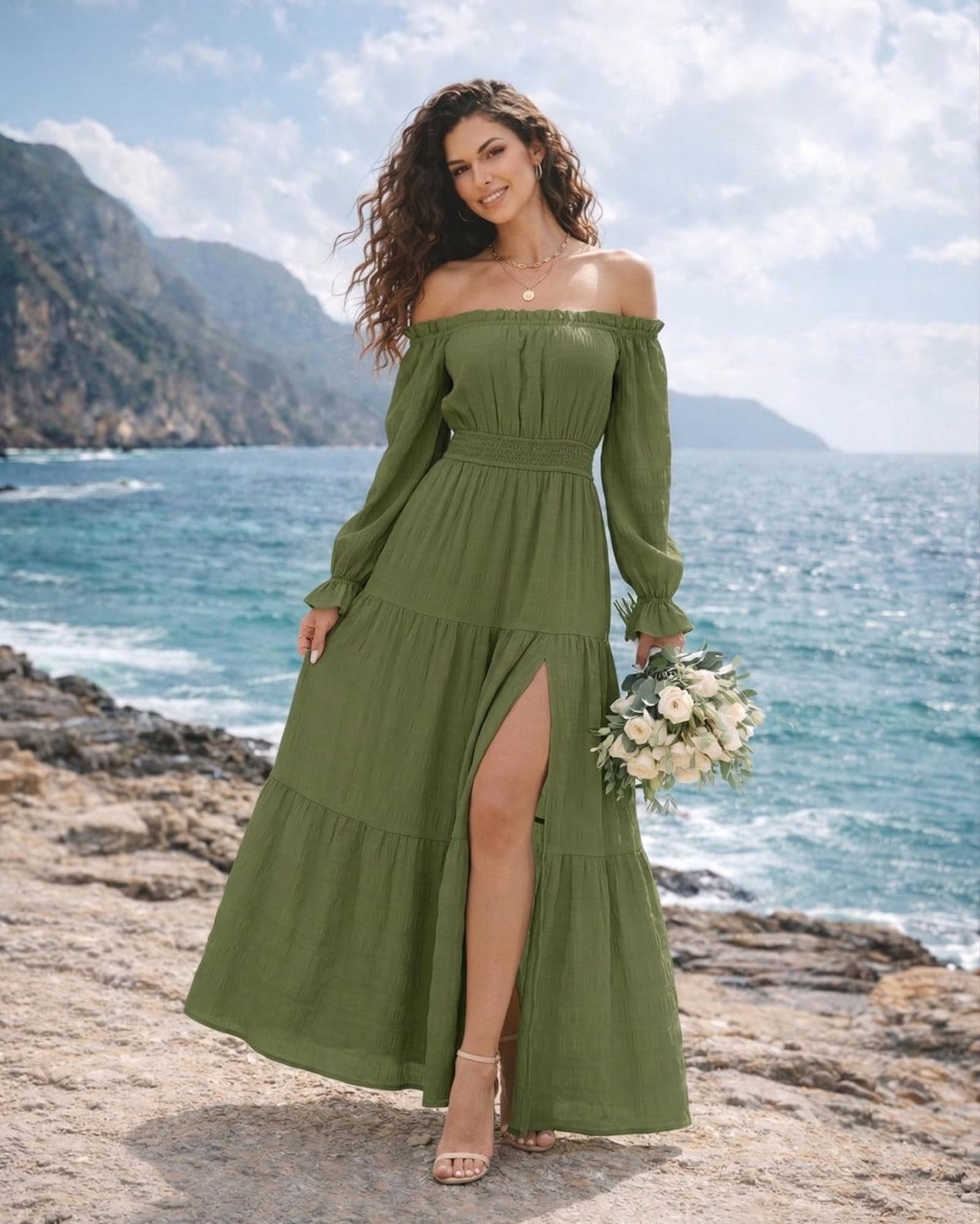 Oulesis Women's Off Shoulder Maxi Dress, Long Sleeve Tiered A-Line Dress with Side Slit