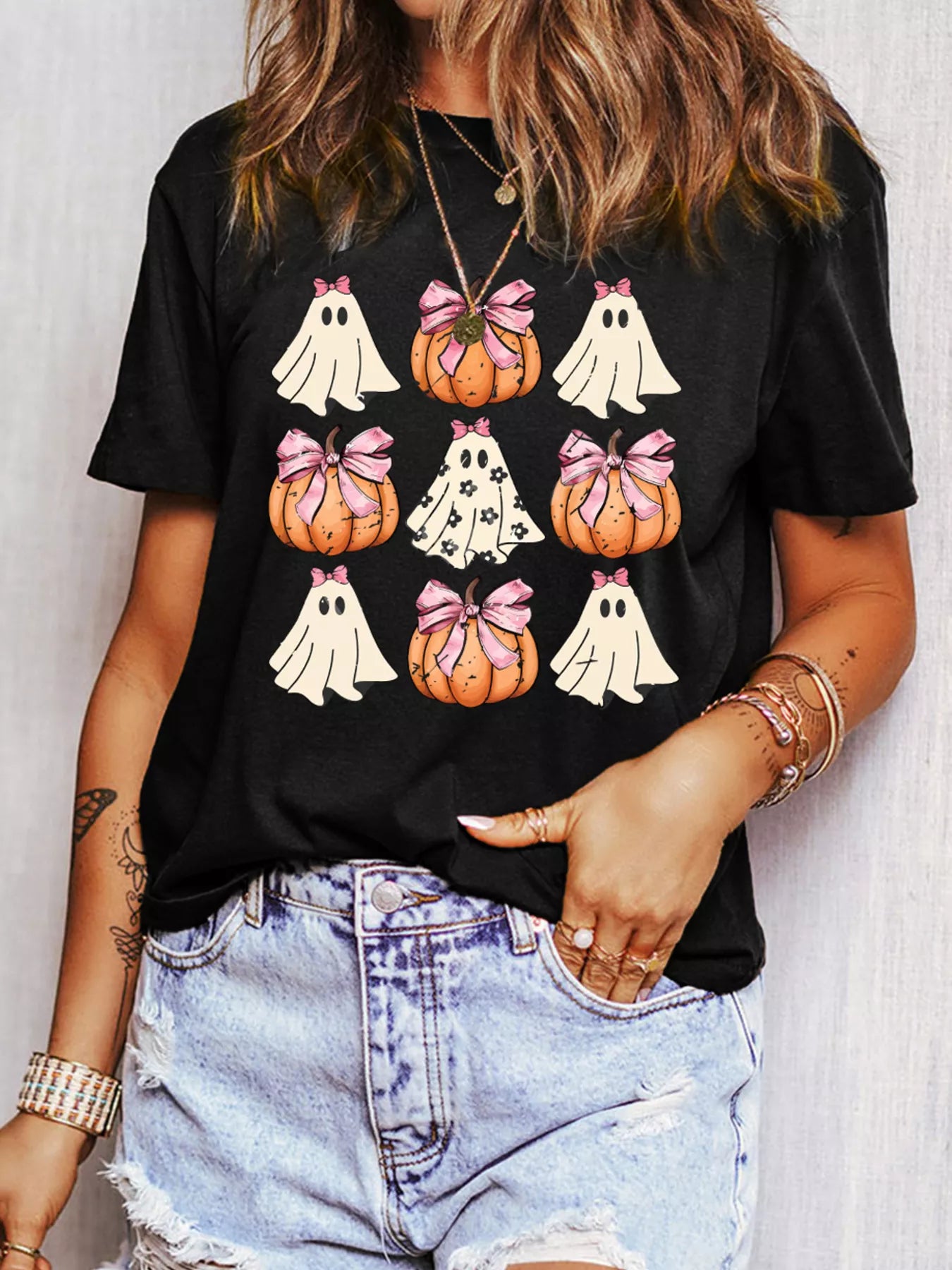 Bow Ghost and Pumpkin Halloween Graphic T-Shirt