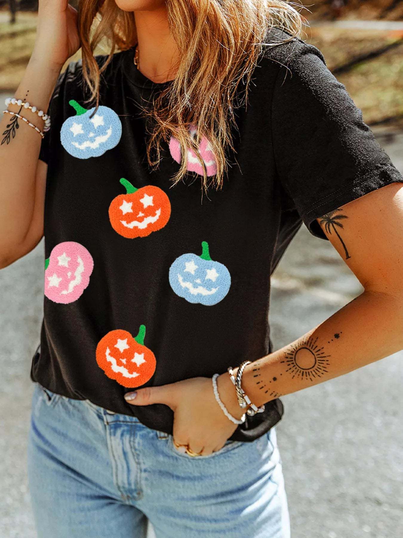 Chenille Pumpkin Halloween Graphic T-Shirt