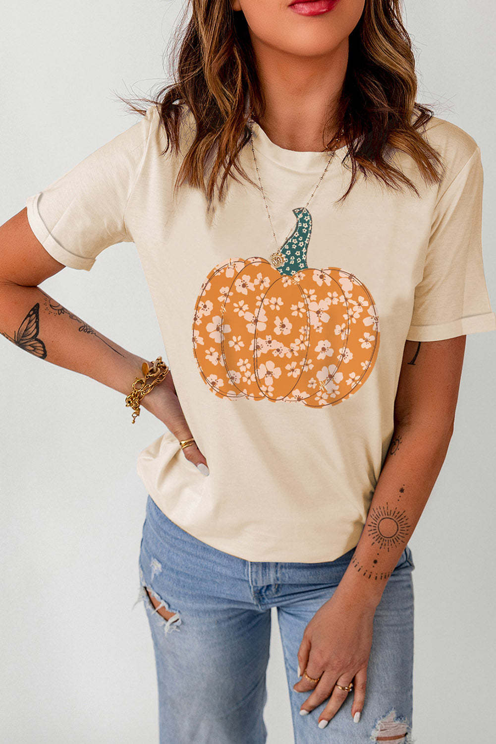 Pumpkin Graphic Cuffed Sleeve T-Shirt
