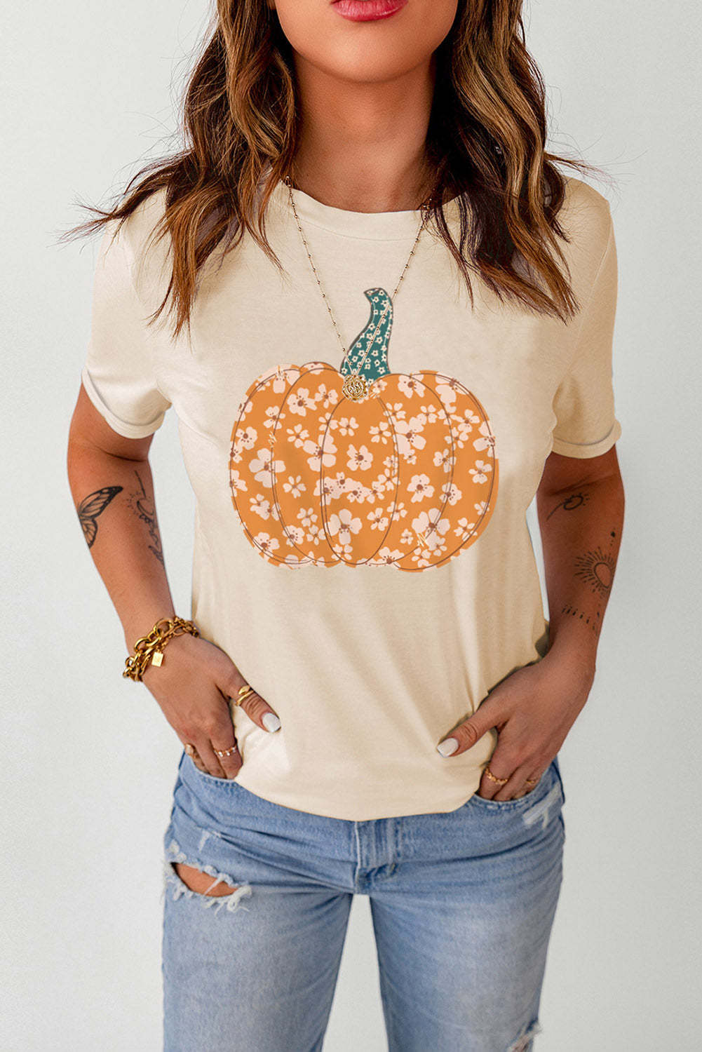 Pumpkin Graphic Cuffed Sleeve T-Shirt