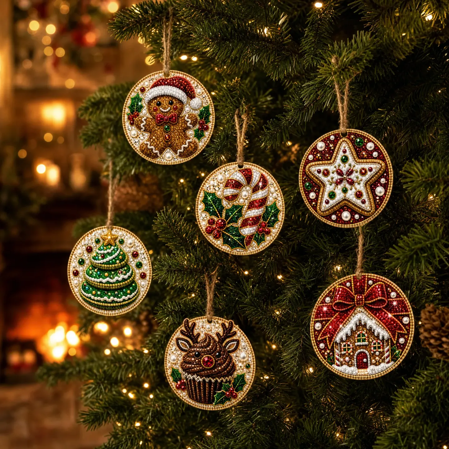 6 Pcs Christmas Wooden Ornaments DIY Pearls Diamond Painting Kit Rhinestone Art Pendants with Hemp Rope for Holiday Tree Decor