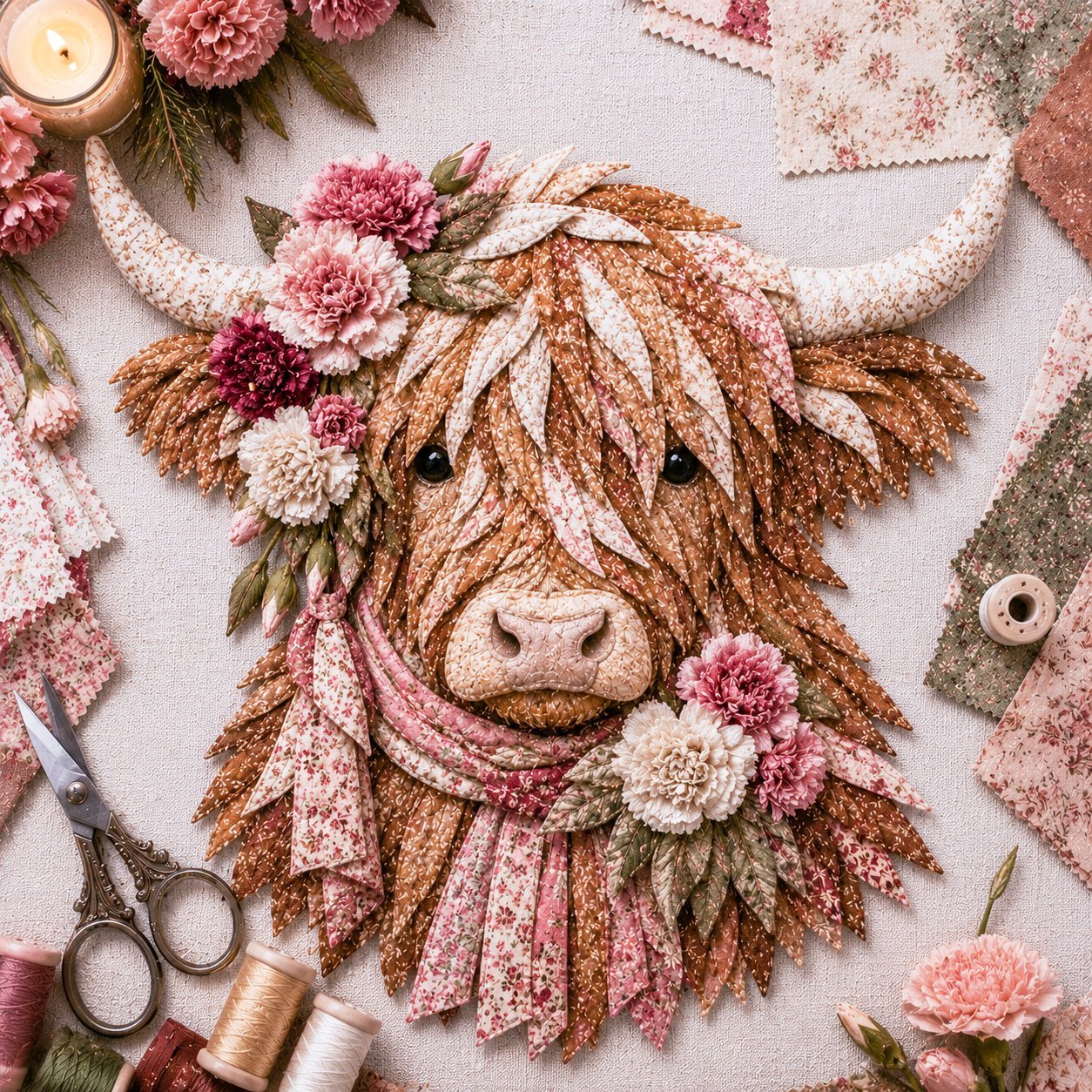 Birth Flower Highland Cow 3D Layered Fabric Art DIY Kit | Complete Kit Included ✂️ Pre-Cut Pieces • Glue or Stitch Your Way • Create a Cozy 3D Highland Cow Decor 💕