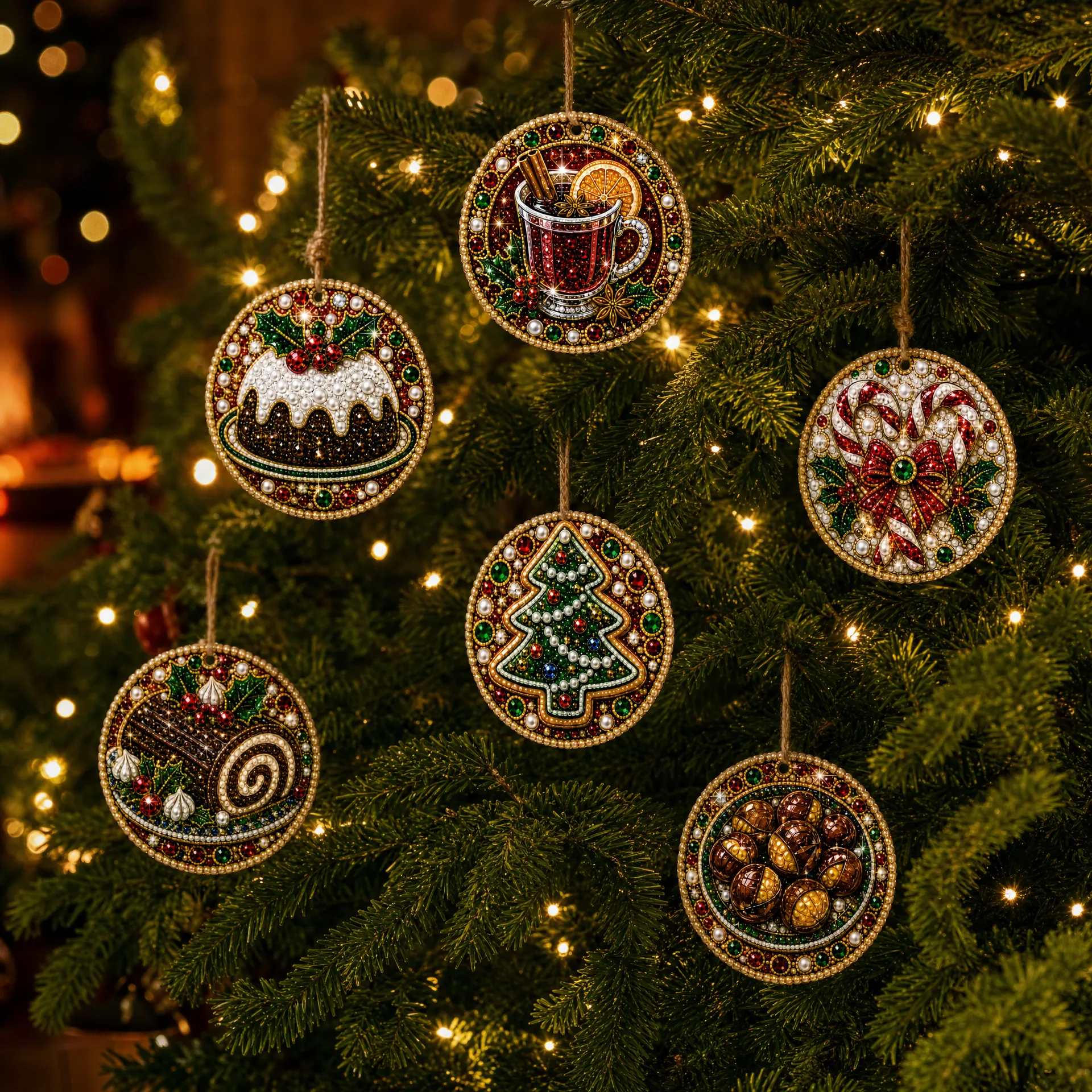 6 Pcs Christmas Wooden Ornaments DIY Pearls Diamond Painting Kit Rhinestone Art Pendants with Hemp Rope for Holiday Tree Decor