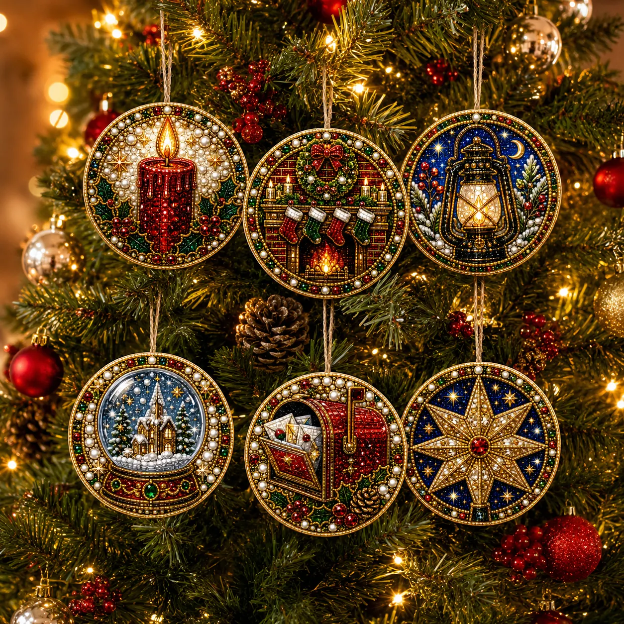 6 Pcs Christmas Wooden Ornaments DIY Pearls Diamond Painting Kit Rhinestone Art Pendants with Hemp Rope for Holiday Tree Decor