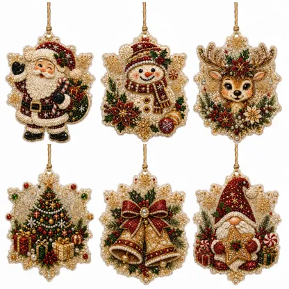 6 Pcs Christmas Ornaments DIY Pearls Diamond Painting Kit Rhinestone Art Pendants with Hemp Rope for Holiday Tree Decor