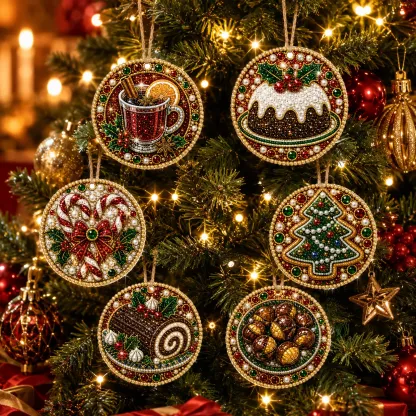 6 Pcs Christmas Wooden Ornaments DIY Pearls Diamond Painting Kit Rhinestone Art Pendants with Hemp Rope for Holiday Tree Decor