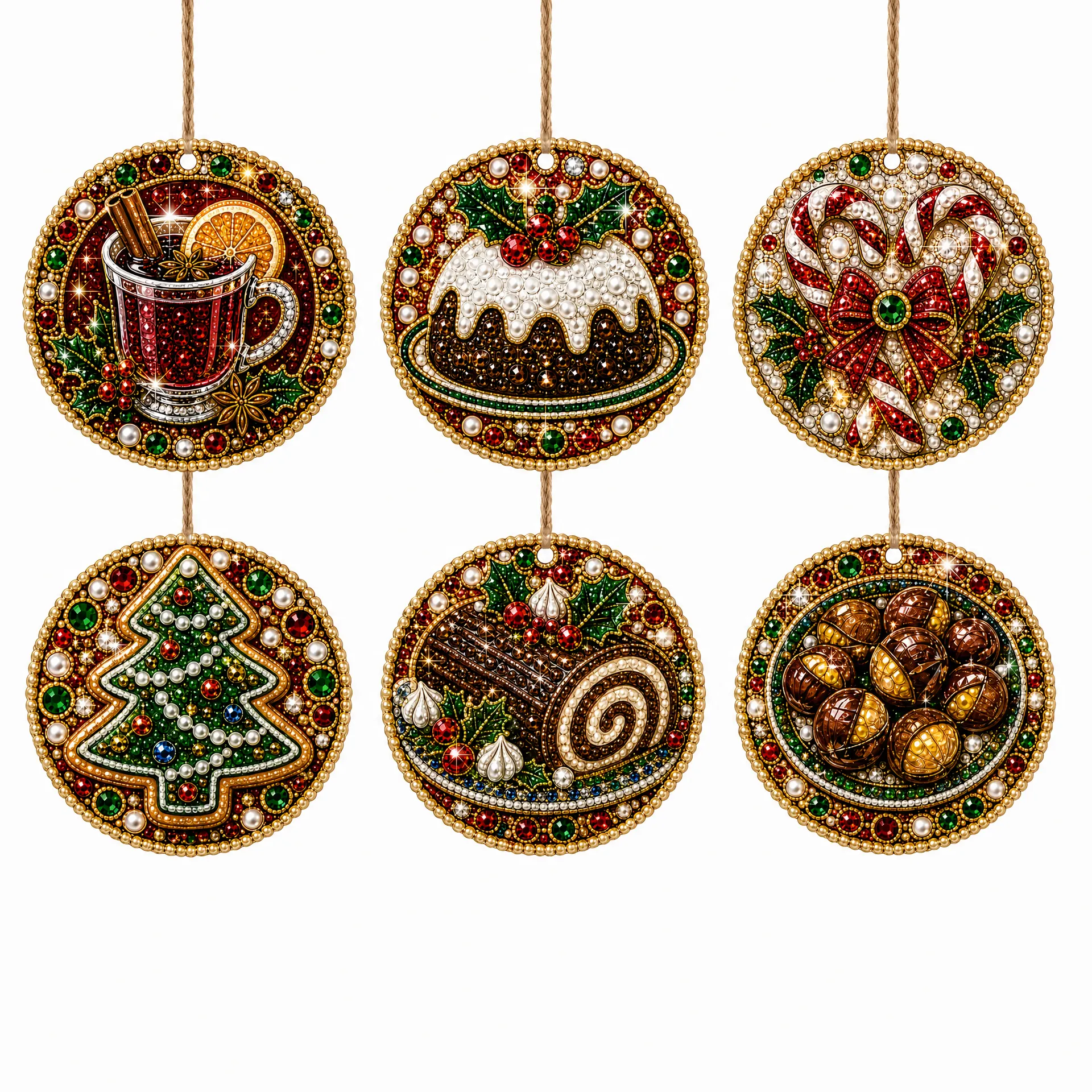 6 Pcs Christmas Wooden Ornaments DIY Pearls Diamond Painting Kit Rhinestone Art Pendants with Hemp Rope for Holiday Tree Decor