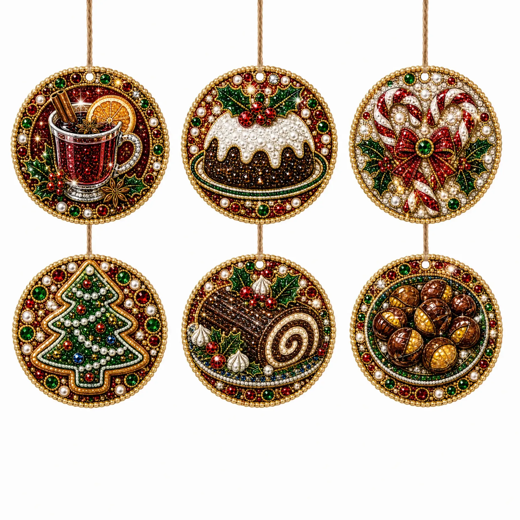 6 Pcs Christmas Wooden Ornaments DIY Pearls Diamond Painting Kit Rhinestone Art Pendants with Hemp Rope for Holiday Tree Decor