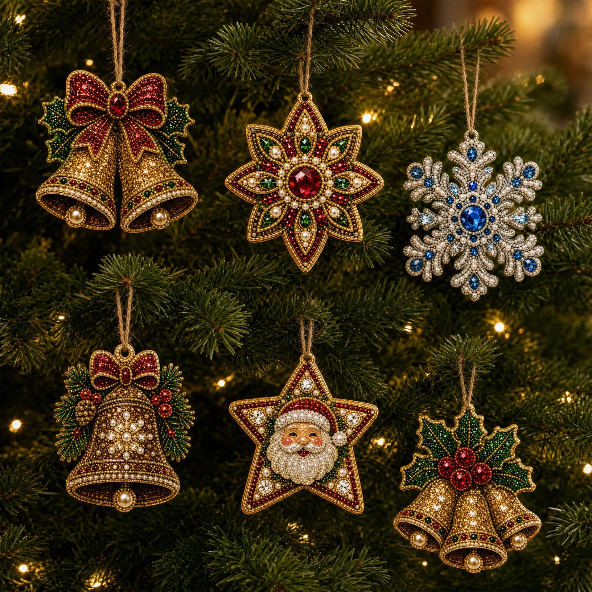 6pcs Classic Xmas Ornaments Pearl Art Diamond Painting  Pendant - Acrylic Christmas Tree Ornaments DIY Decor Kit