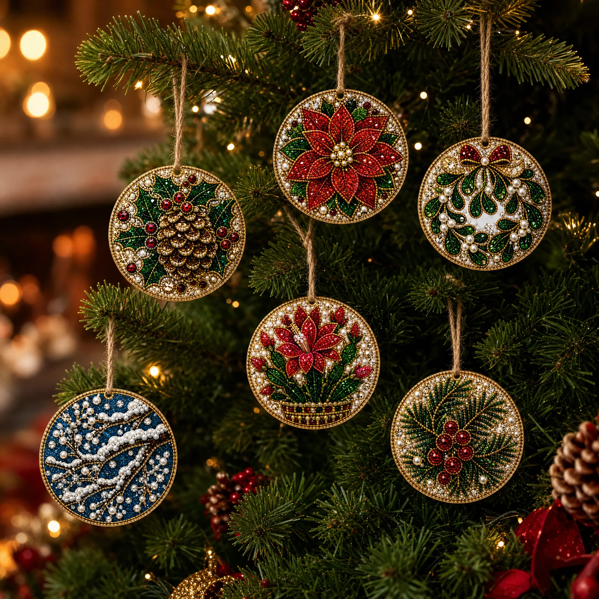 6 Pcs Christmas Wooden Ornaments DIY Pearls Diamond Painting Kit Rhinestone Art Pendants with Hemp Rope for Holiday Tree Decor
