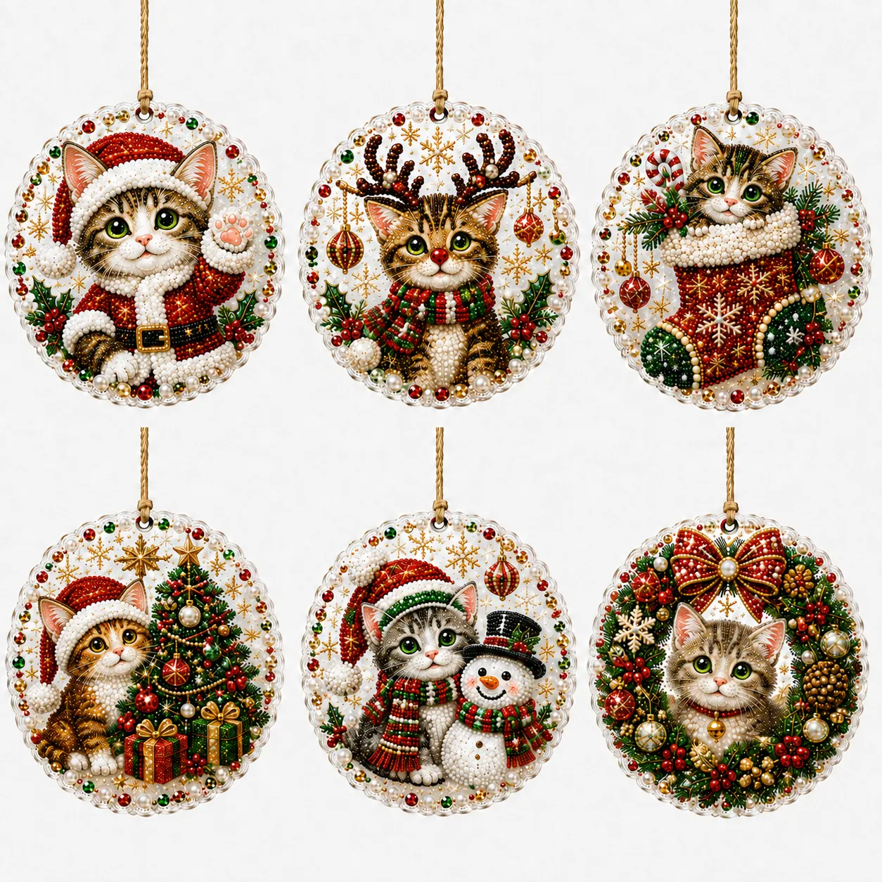 6pcs Xmas Cats Pearl Art Diamond Painting Pendant
