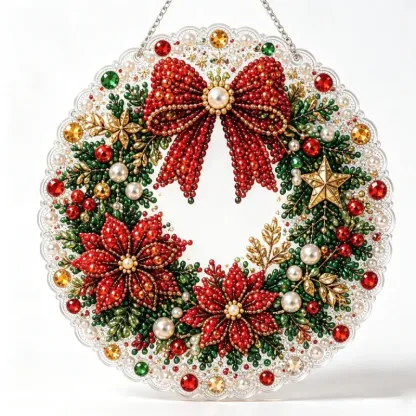 DIY Christmas Red Flower Wreath Pearl Art Diamond Painting Pendant(Single-Sided)