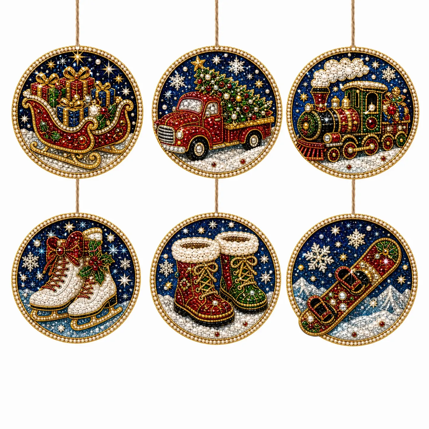 6 Pcs Christmas Wooden Ornaments DIY Pearls Diamond Painting Kit Rhinestone Art Pendants with Hemp Rope for Holiday Tree Decor