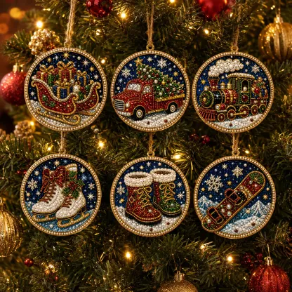 6 Pcs Christmas Wooden Ornaments DIY Pearls Diamond Painting Kit Rhinestone Art Pendants with Hemp Rope for Holiday Tree Decor