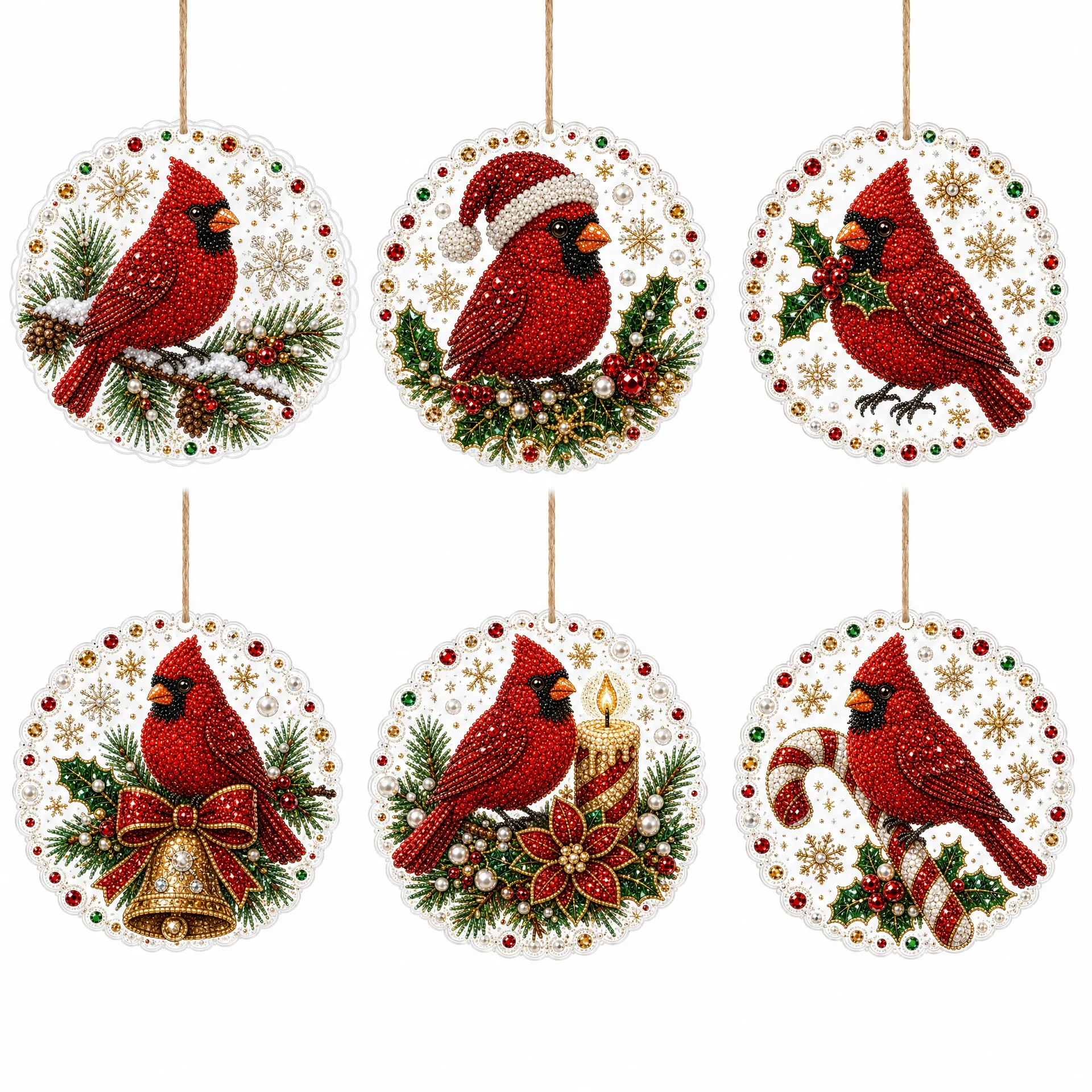 6pcs Xmas Cardinals Pearl Art Diamond Painting Pendant