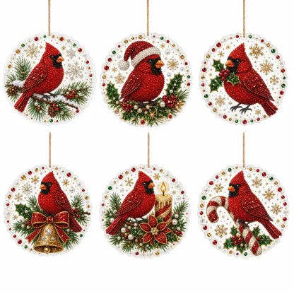6pcs Xmas Cardinals Pearl Art Diamond Painting Pendant