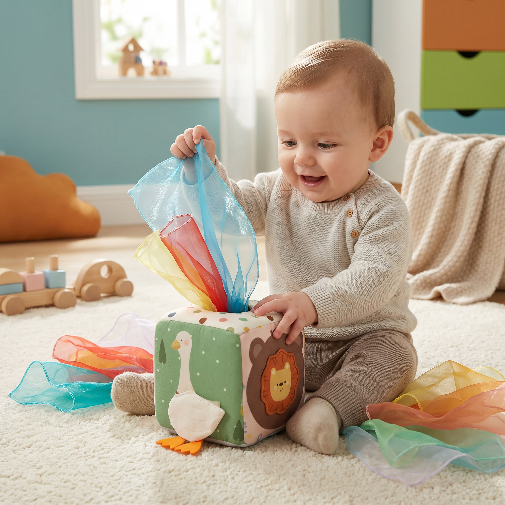 Montessori Baby Sensory Tissue Box – Soft Crinkle & Touch Activity Toy