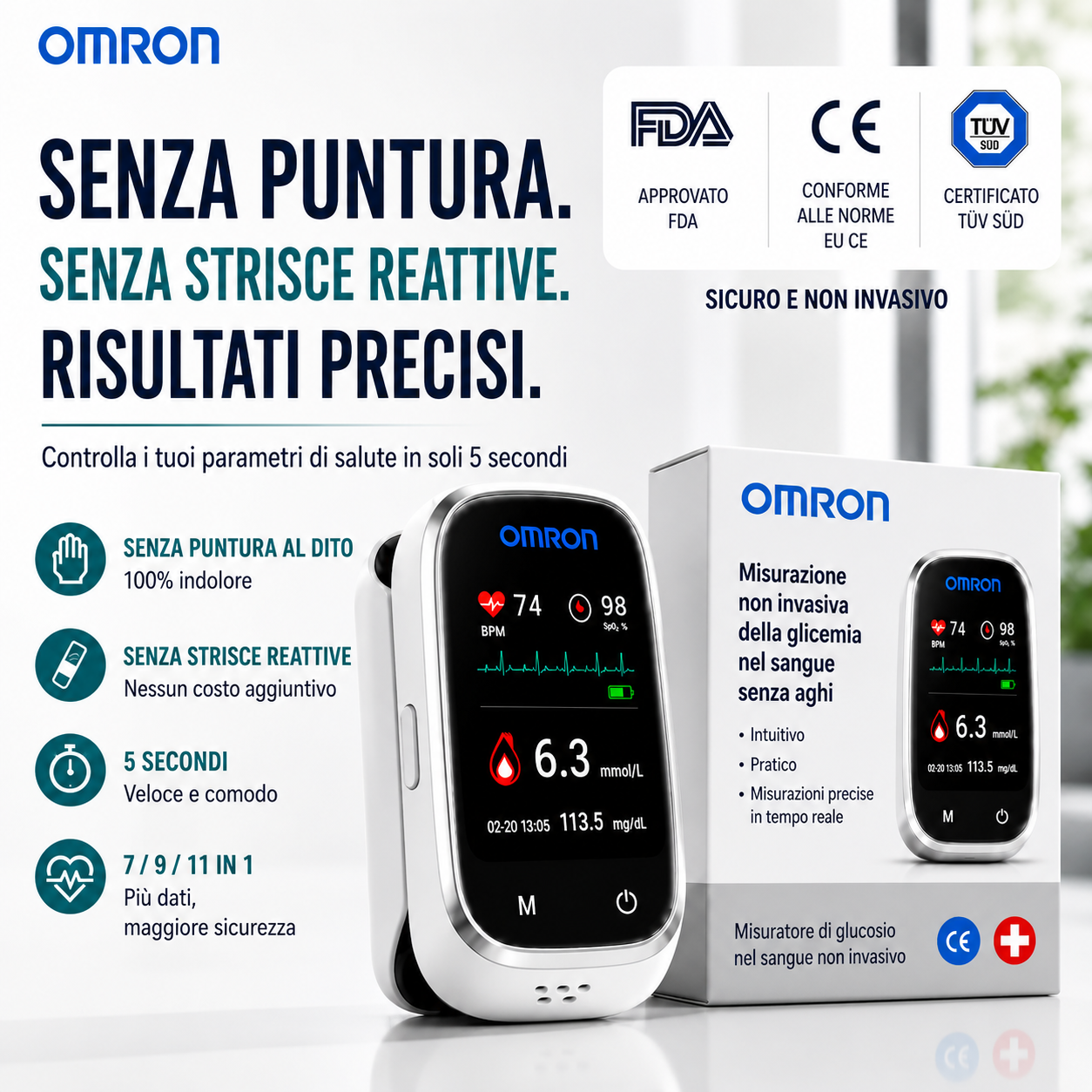 🩸 Misuratore di glicemia senza ago Omron™ 11 in 1 Senza punture • Senza strisce reattive • Risultati in soli 5 secondi