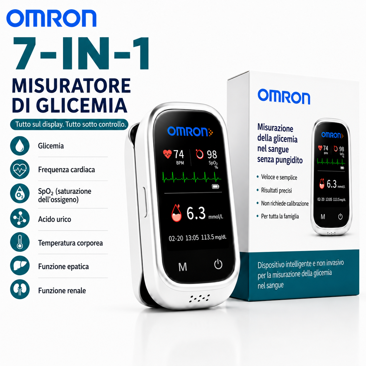 🩸 Misuratore di glicemia senza ago Omron™ 11 in 1 Senza punture • Senza strisce reattive • Risultati in soli 5 secondi