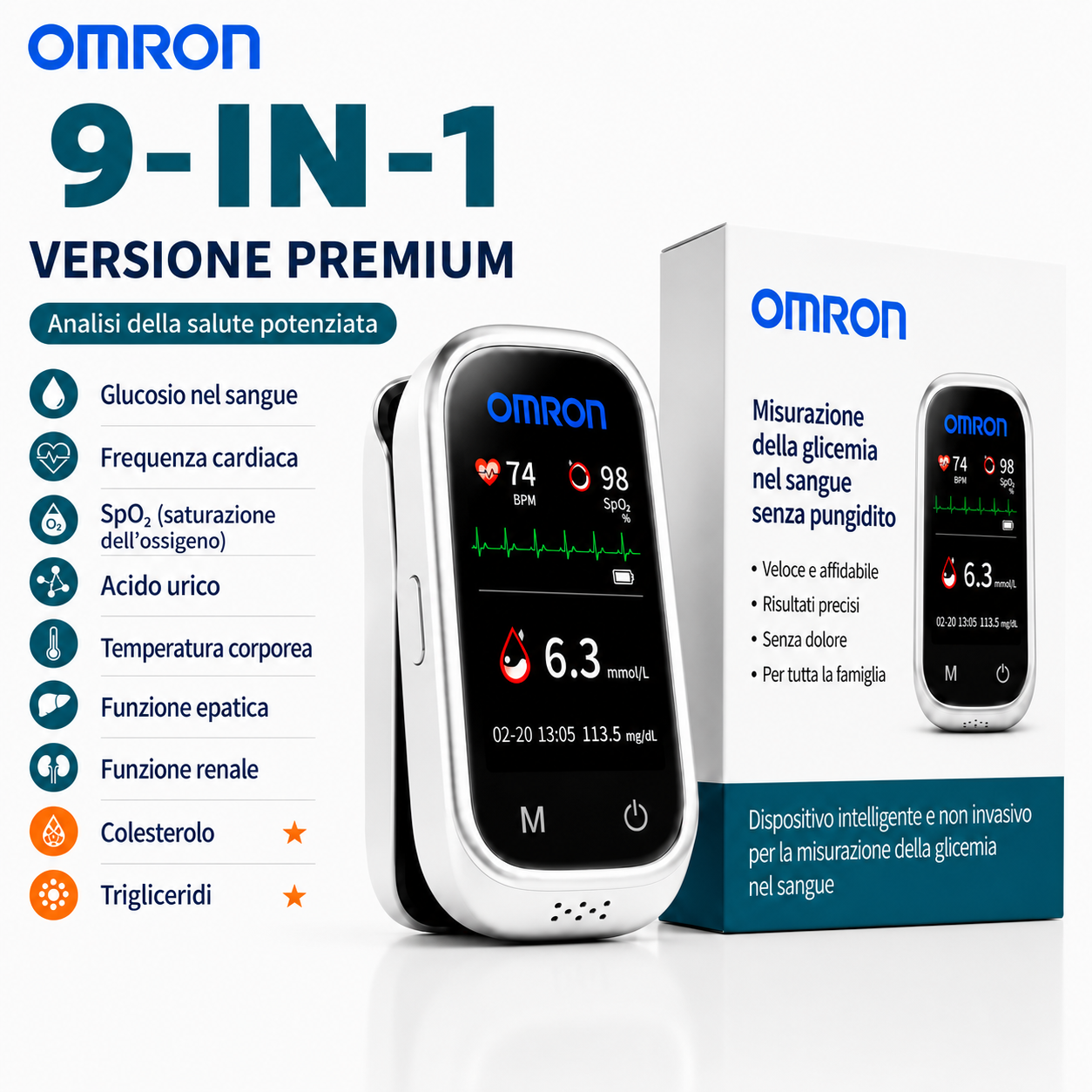 🩸 Misuratore di glicemia senza ago Omron™ 11 in 1 Senza punture • Senza strisce reattive • Risultati in soli 5 secondi