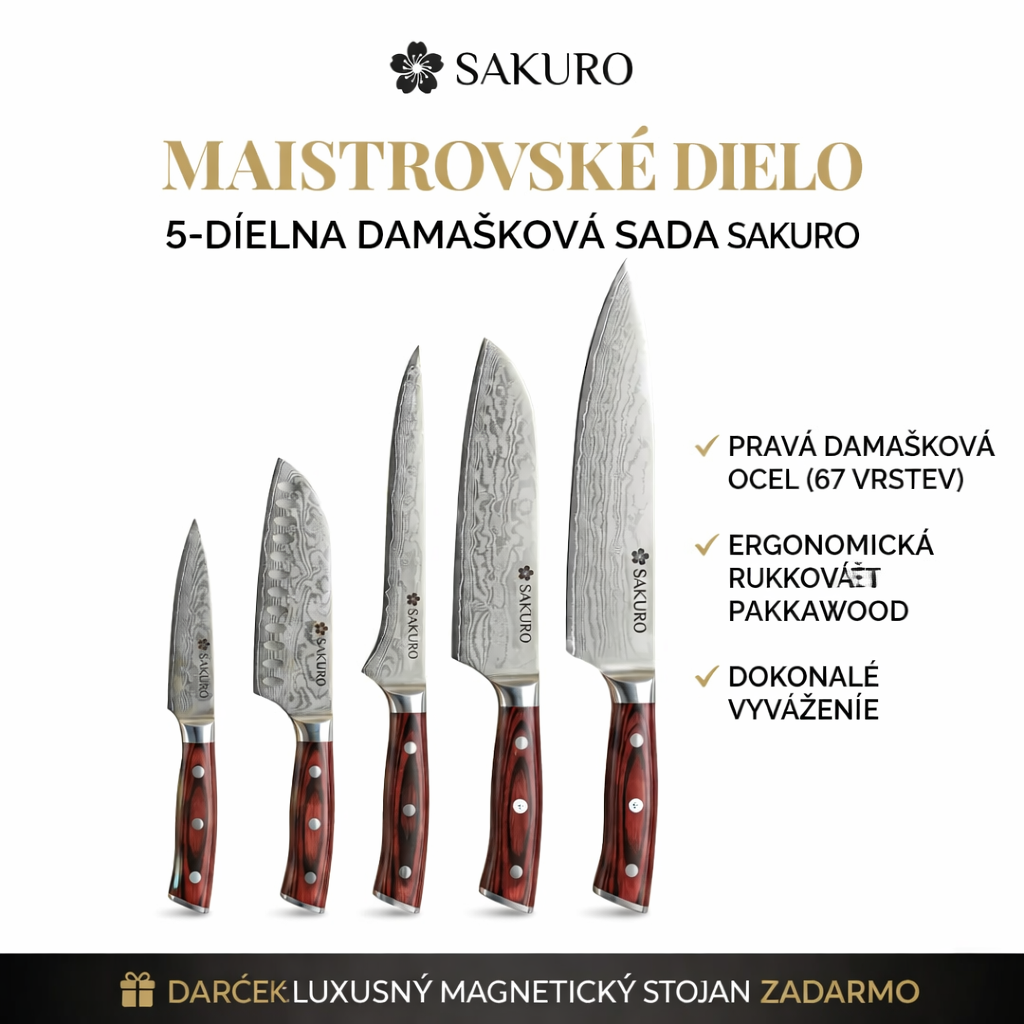 🔪 Luxusná 5-dielna sada nožov SAKURO z pravého damaškového ocele + 🎁 Stojan ZADARMO