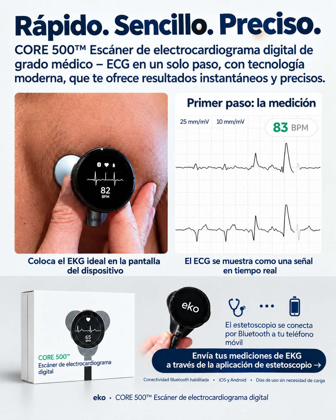 Eko CORE 500 digitális sztetoszkóp ezüst színben