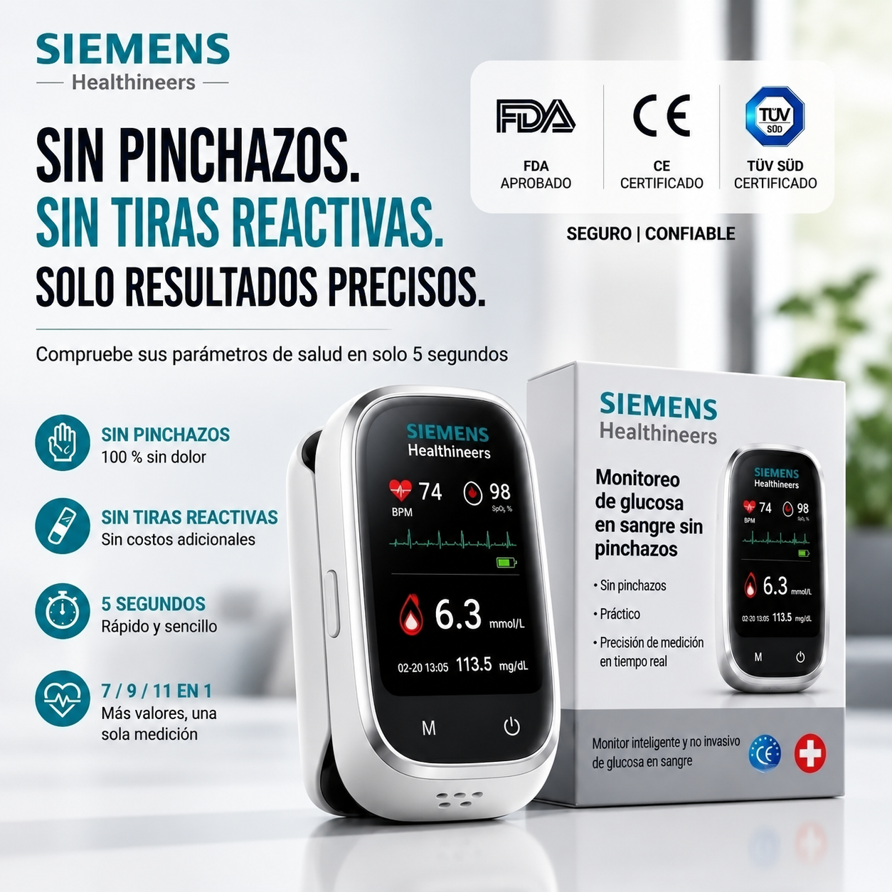 🩸 Medidor de glucosa en sangre Siemens™ 11 en 1 sin agujas. Sin pinchazos • Sin tiras reactivas • Resultados en solo 5 segundos.