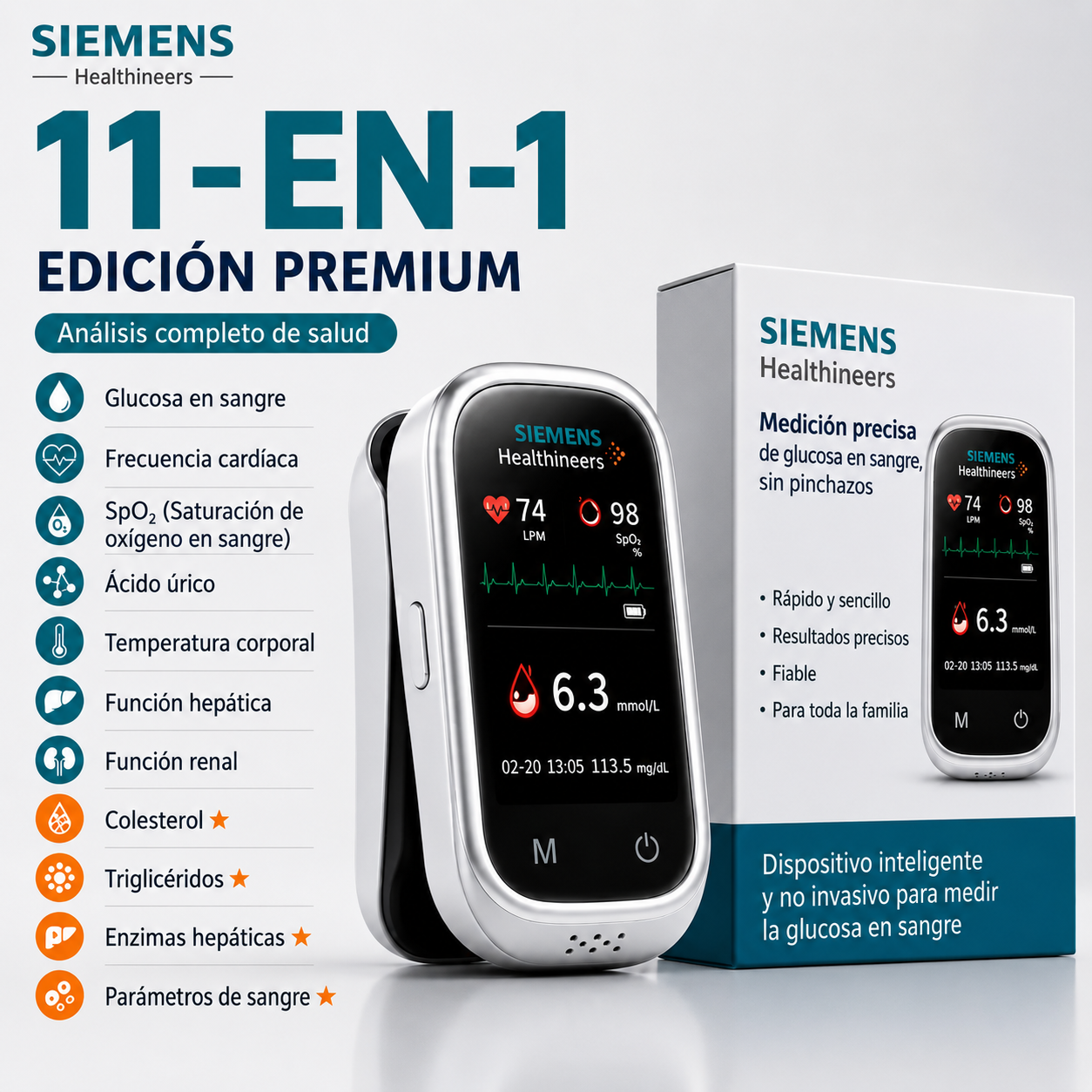 🩸 Medidor de glucosa en sangre Siemens™ 11 en 1 sin agujas. Sin pinchazos • Sin tiras reactivas • Resultados en solo 5 segundos.