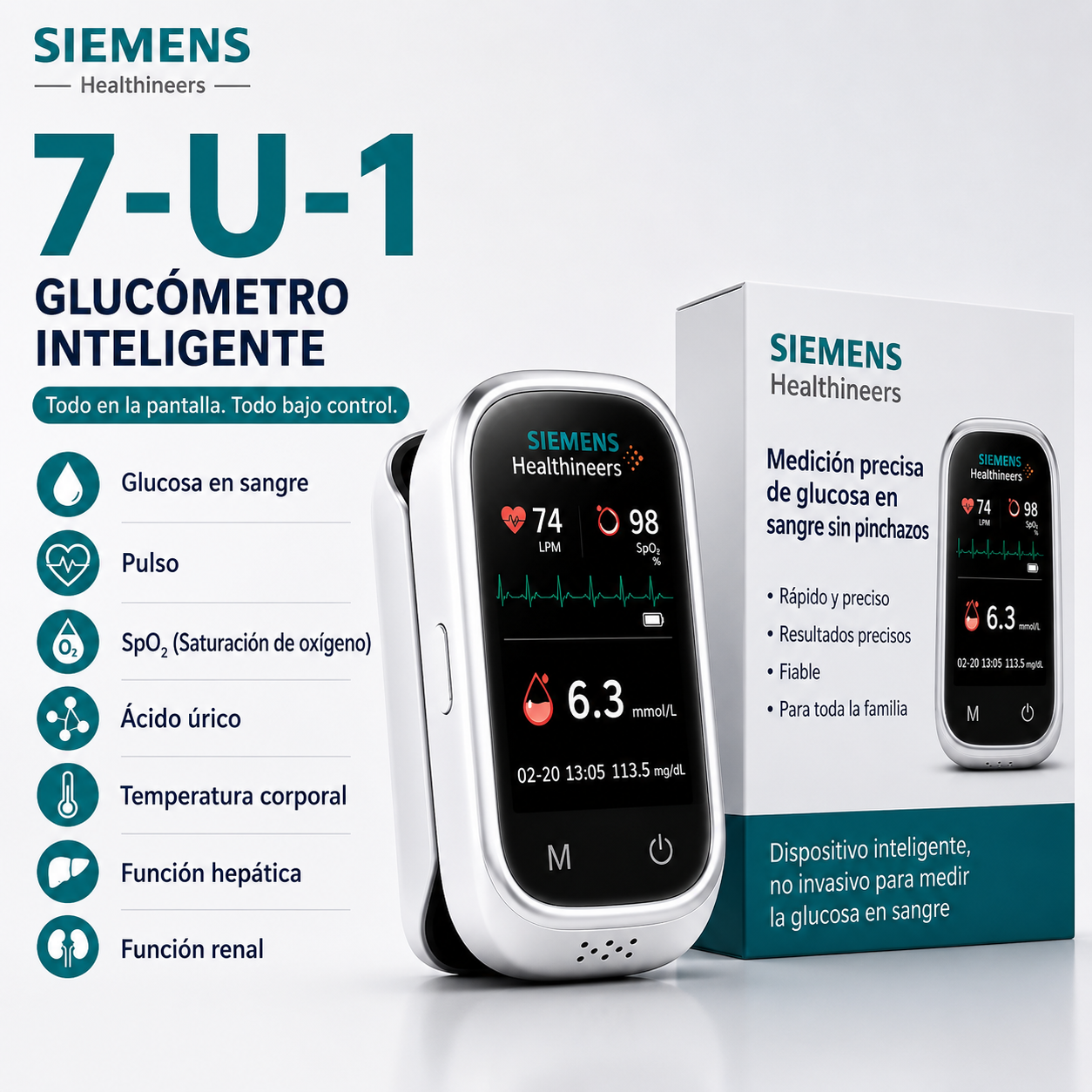 🩸 Medidor de glucosa en sangre Siemens™ 11 en 1 sin agujas. Sin pinchazos • Sin tiras reactivas • Resultados en solo 5 segundos.
