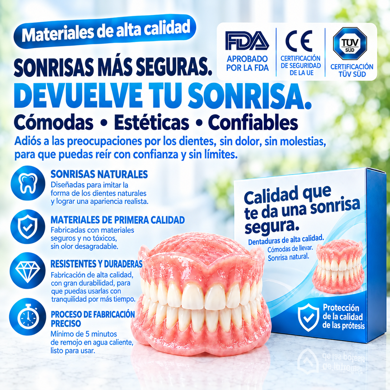 Prótesis dentales fabricadas con resina PMMA utilizada en odontología: tono natural, gran resistencia y adaptación cómoda a la cavidad bucal.